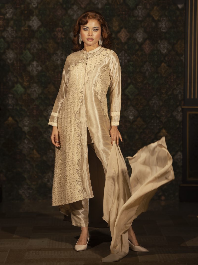 Fantastic Looking Light Golden Color Raw Silk Party Wear Gown