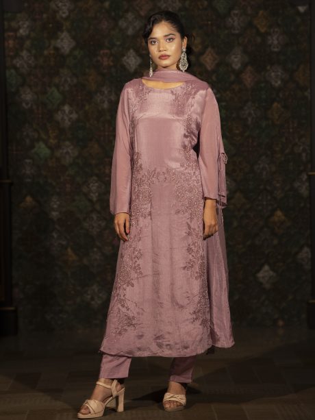 Fashionable Onion Color Party Wear Silk Shalwar Kameez