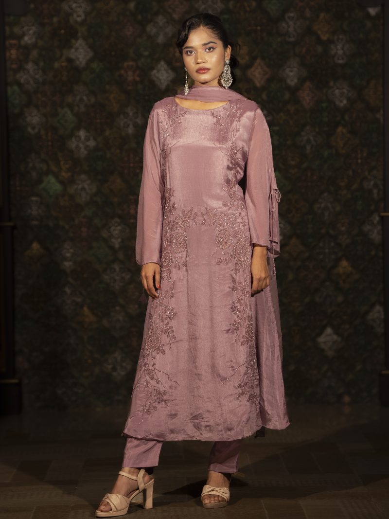 Fashionable Onion Color Party Wear Silk Shalwar Kameez