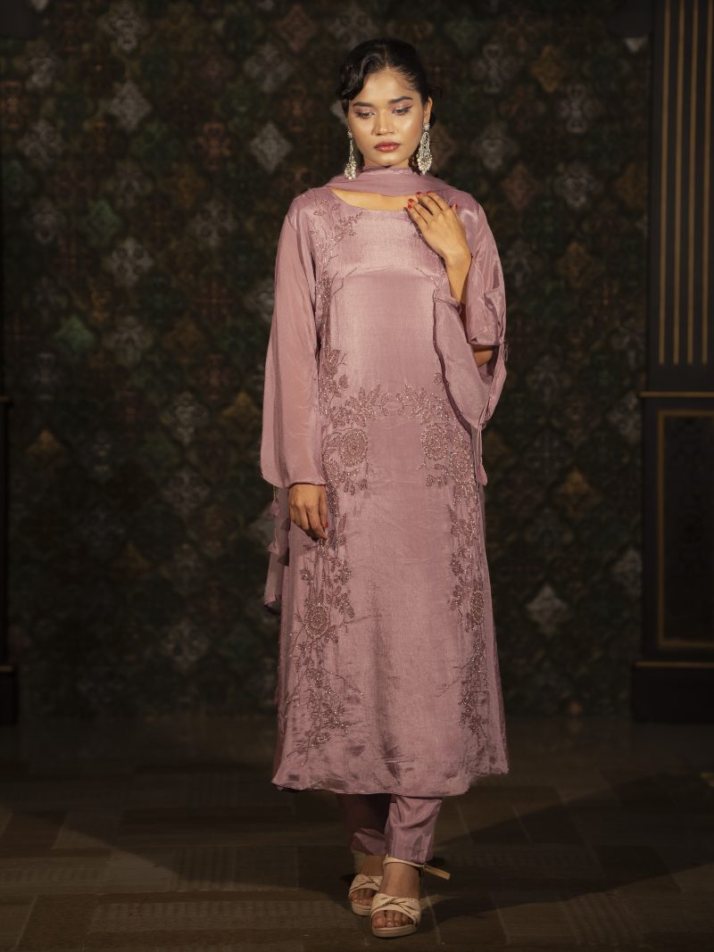 Fashionable Onion Color Party Wear Silk Shalwar Kameez