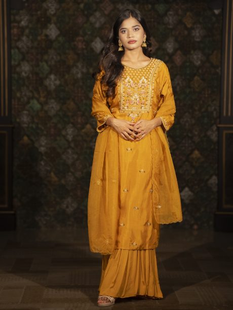 Gorgeous Mustard Yellow Color Raw Silk Party Wear Gharara