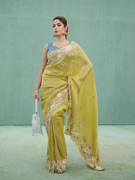 Hand Crafted Lemon Colored Crush Tissue Saree For Party Wear