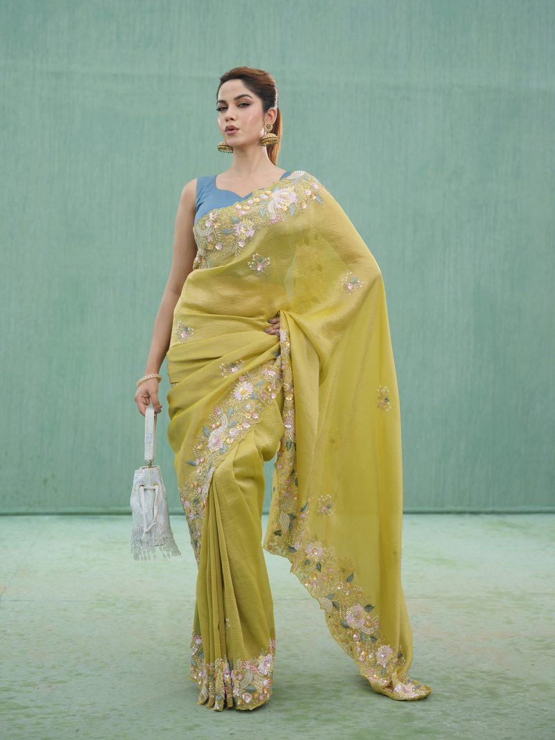 Hand Crafted Lemon Colored Crush Tissue Saree For Party Wear
