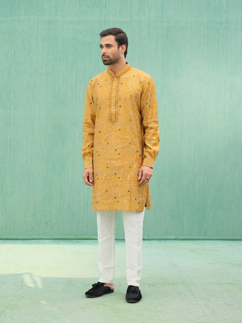 Fashionable Party Wear Mustard Yellow Colored Silk Panjabi - Image 2