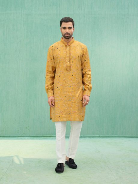 Fashionable Party Wear Mustard Yellow Colored Silk Panjabi