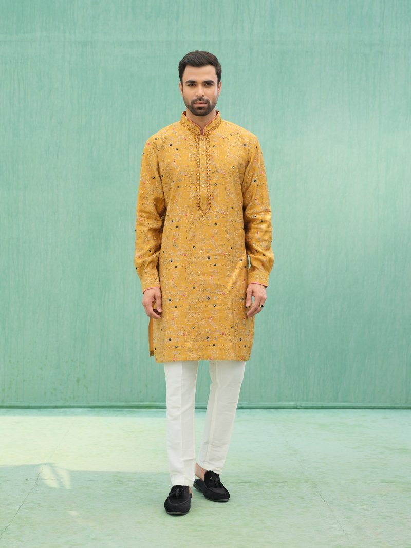 Fashionable Party Wear Mustard Yellow Colored Silk Panjabi