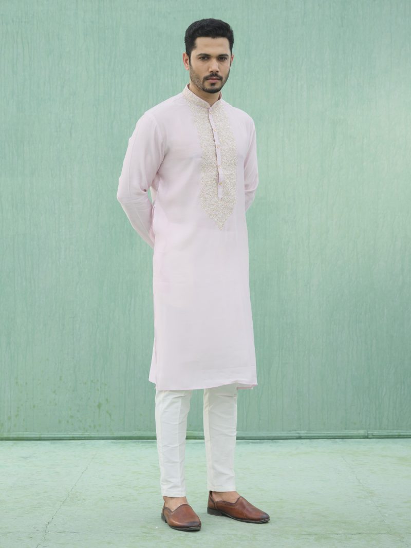 Tremendous Looking Party Wear Baby Pink Colored Cotton Panjabi