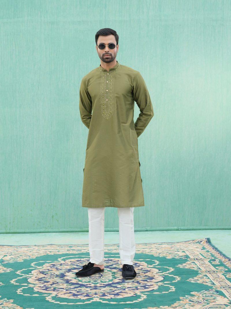 Beautiful Looking Green Colored Cotton Panjabi - Image 2
