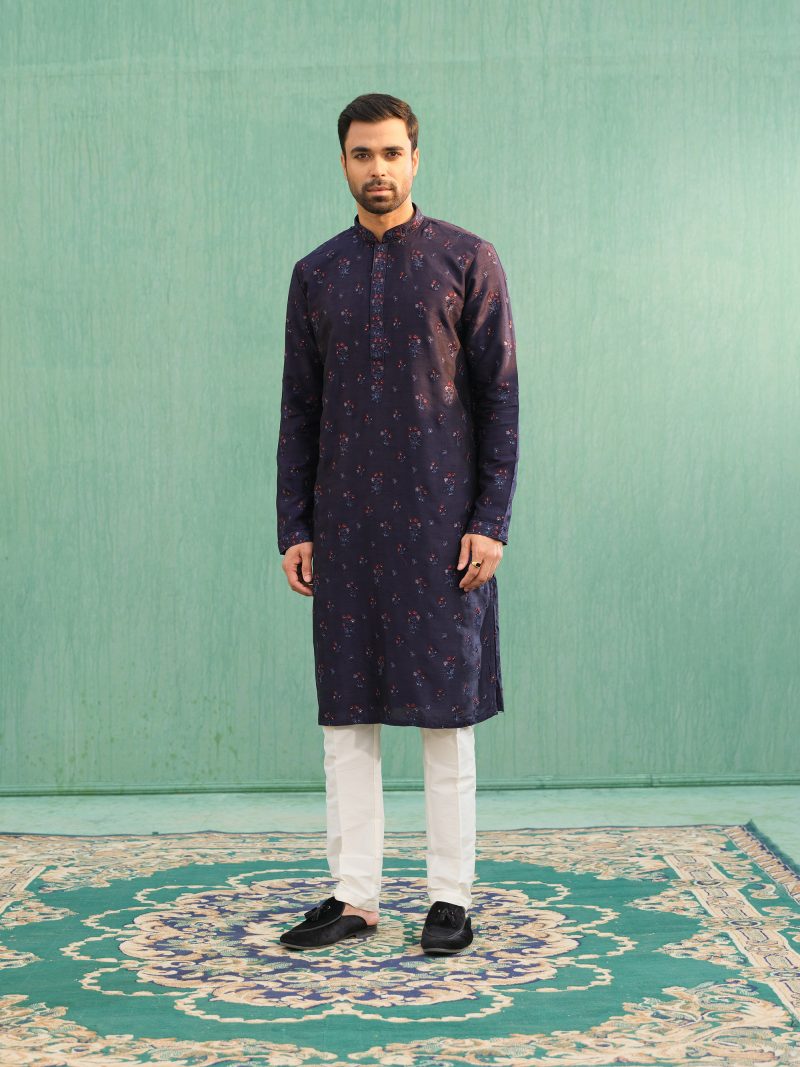Fashionable Party Wear Blue Colored Silk Panjabi