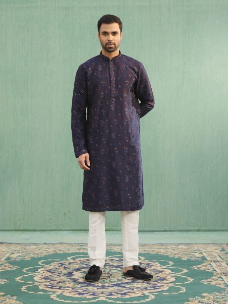 Fashionable Party Wear Blue Colored Silk Panjabi