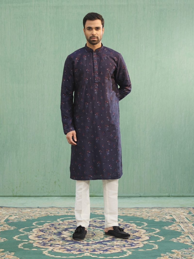 Fashionable Party Wear Blue Colored Silk Panjabi