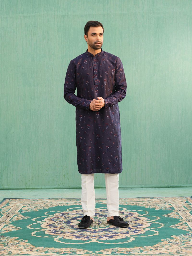 Fashionable Party Wear Blue Colored Silk Panjabi