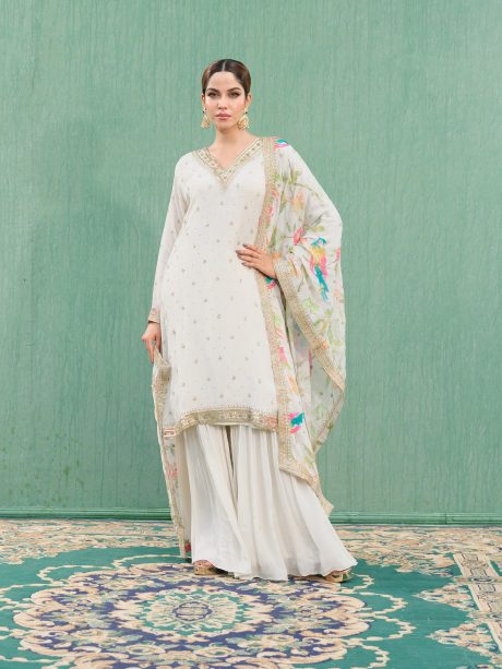 Fashionable White Color Party Wear Silk Shalwar Kameez