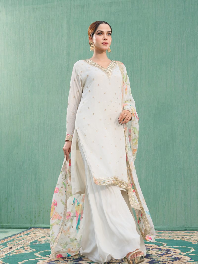 Fashionable White Color Party Wear Silk Shalwar Kameez