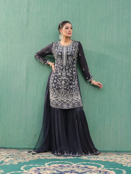 Party Wear Gorgeous Black Color Silk Gharara