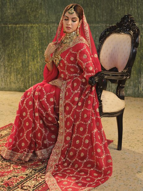 Marvelous Looking Red Color Maslin Bridal Saree