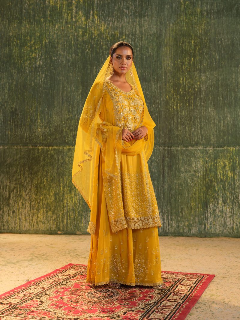 Gorgeous Yellow Color Chiffon Fabrics Party Wear Gharara