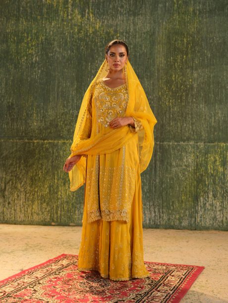 Gorgeous Yellow Color Chiffon Fabrics Party Wear Gharara